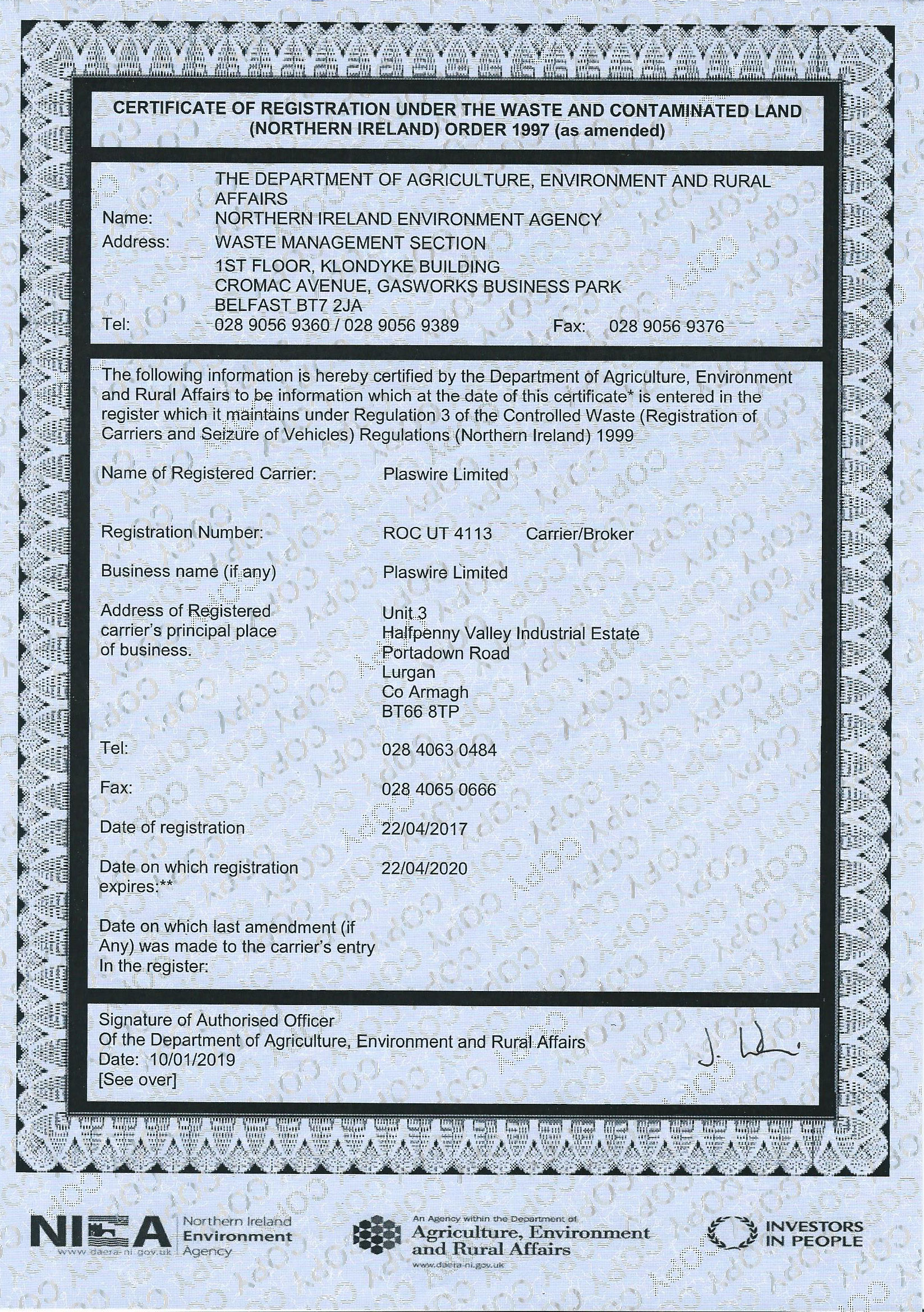 Plaswire Ltd Waste Carriers Licence New Lurgan Address 14012019